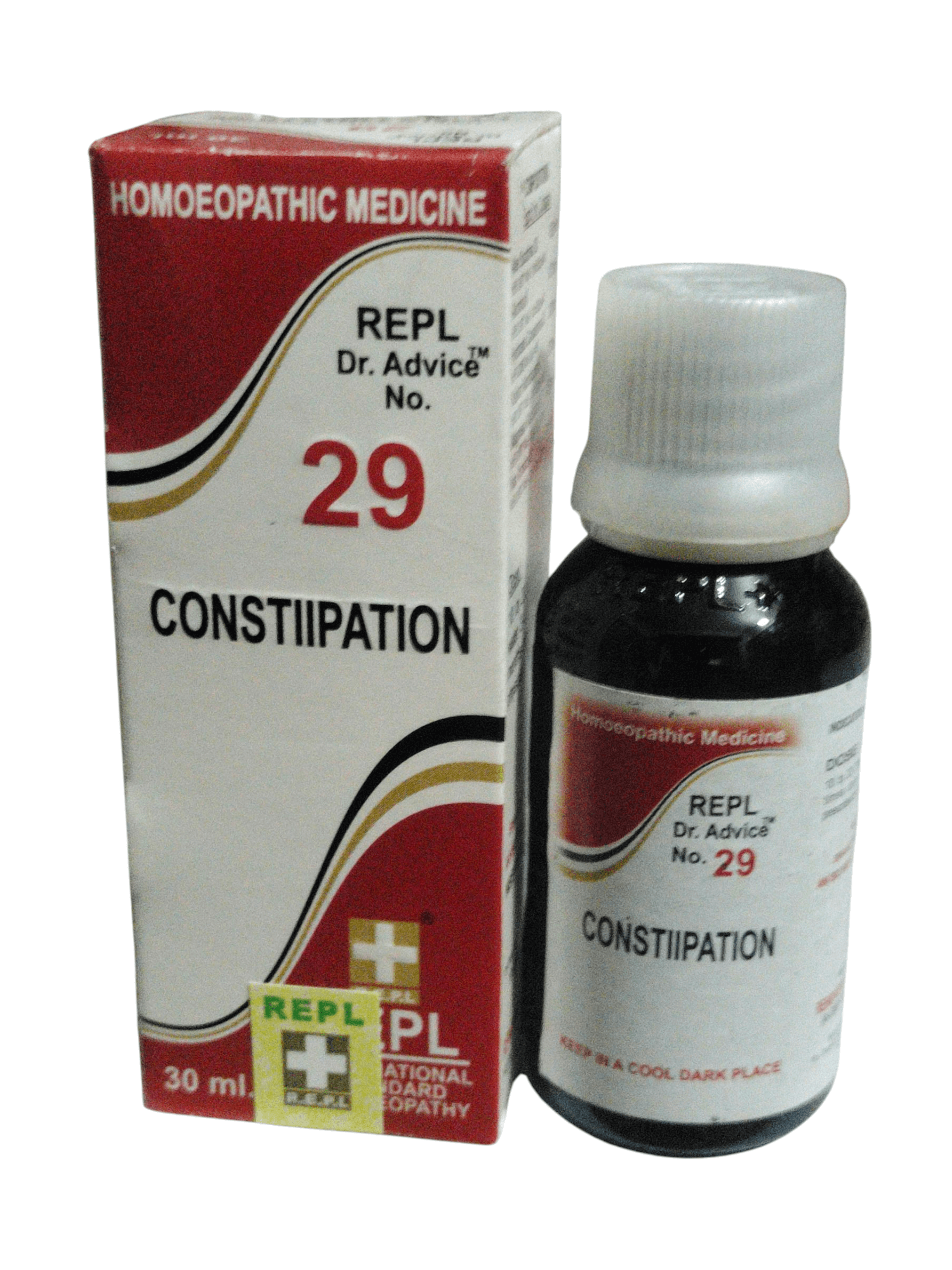 Homoeopathic medicine bottle and packaging for constipation on a white background