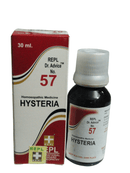Homoeopathic medicine bottle and packaging labeled 'Hysteria' with 'REPL Dr. Advice No. 57' on a white background.