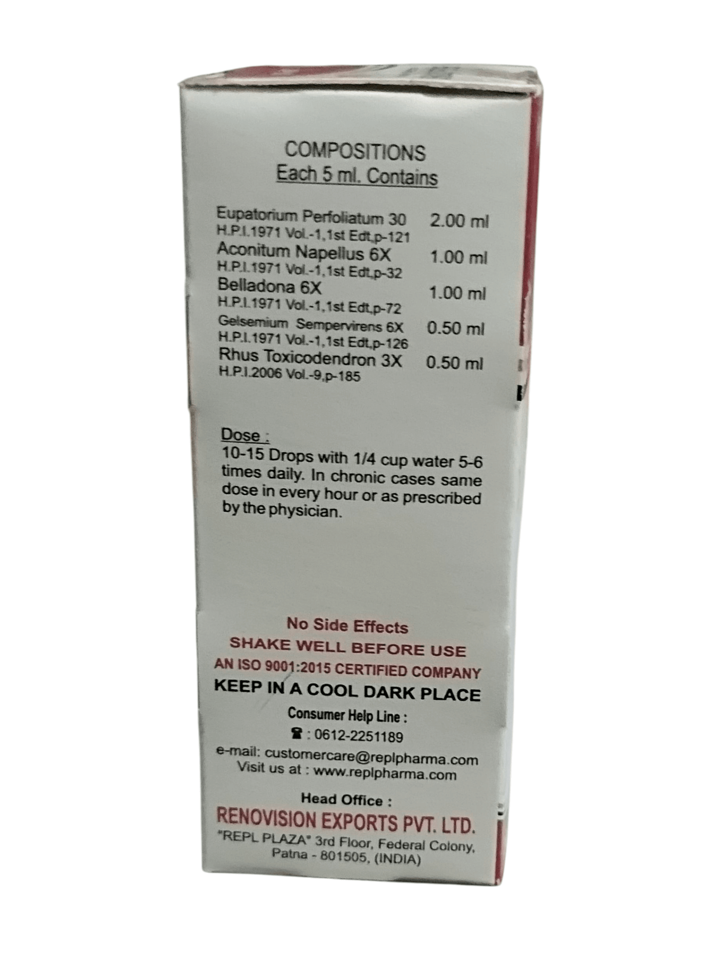 Box with medical composition details on a white background