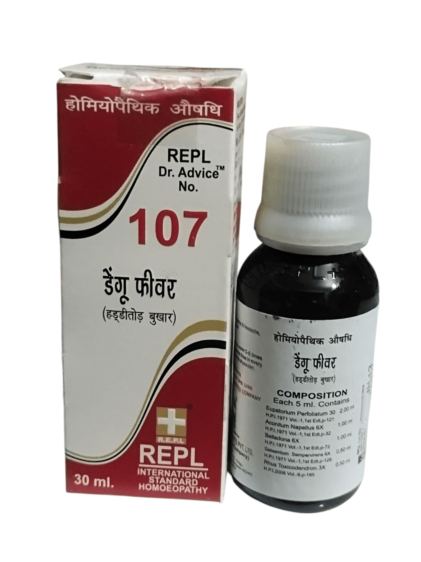 Bottle and packaging of REPL Dr. Advice No. 107 homeopathic medicine on a white background