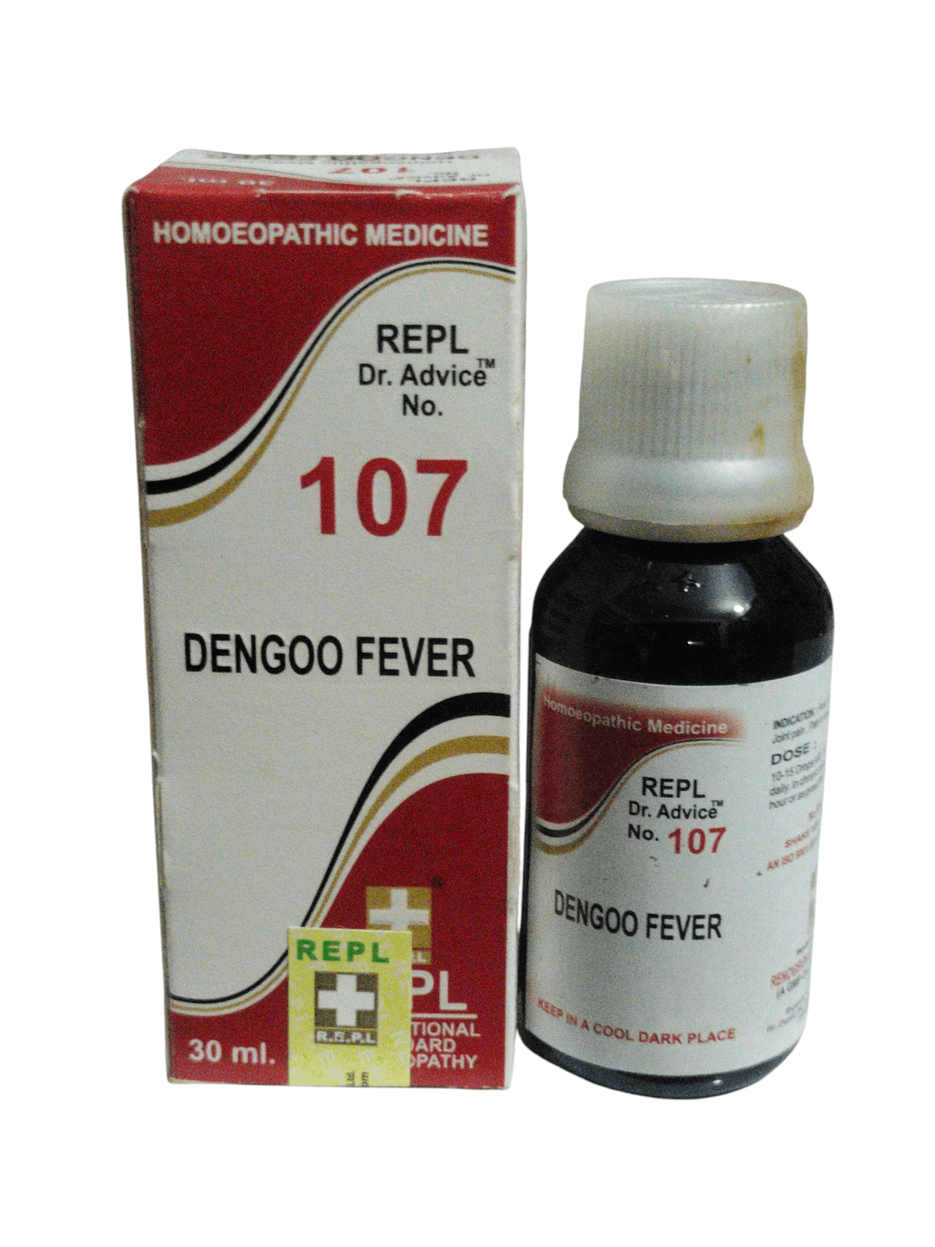 Homoeopathic medicine bottle and packaging for Dengoo Fever on a white background