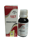 Homoeopathic medicine bottle and packaging for Dengoo Fever on a white background
