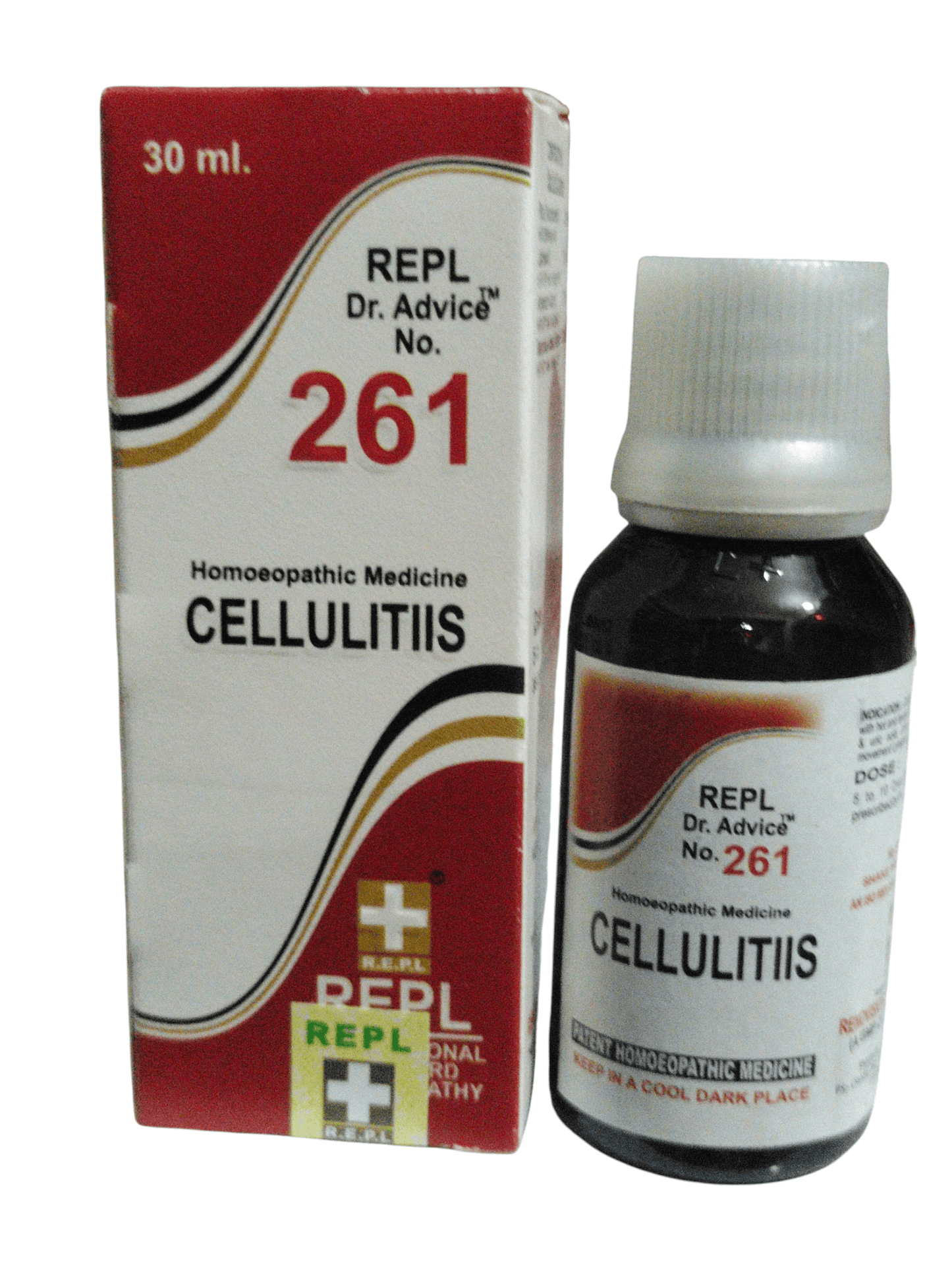 Bottle and box of REPL Dr. Advice No. 261 for Cellulitis on a white background
