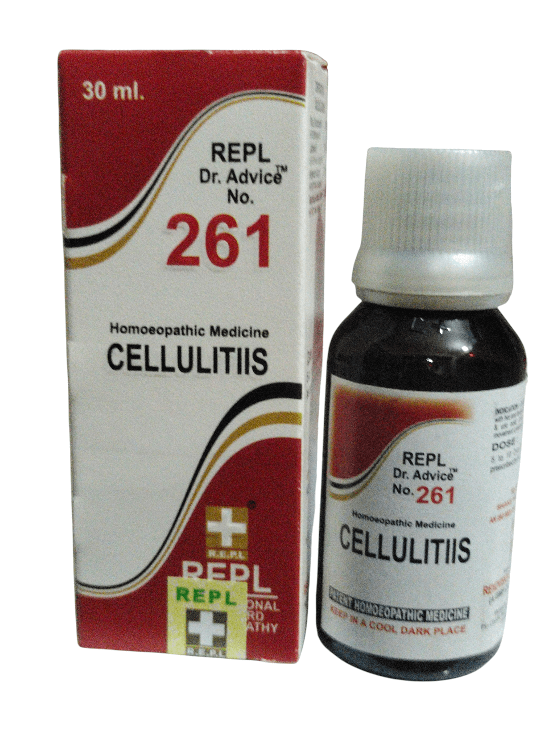 Bottle and box of REPL Dr. Advice No. 261 for Cellulitis on a white background