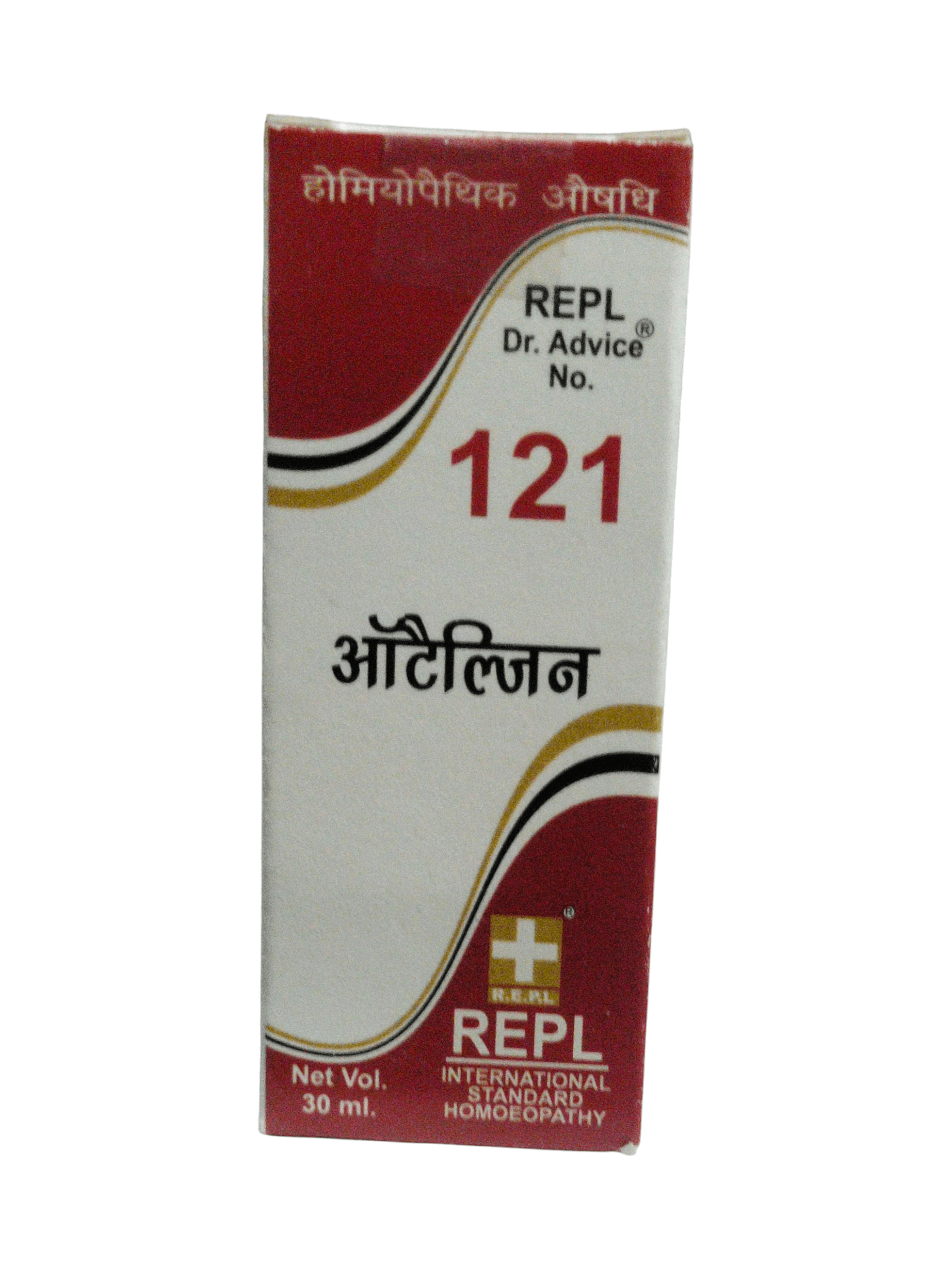 REPL homeopathic medicine box with red and white design on a white background