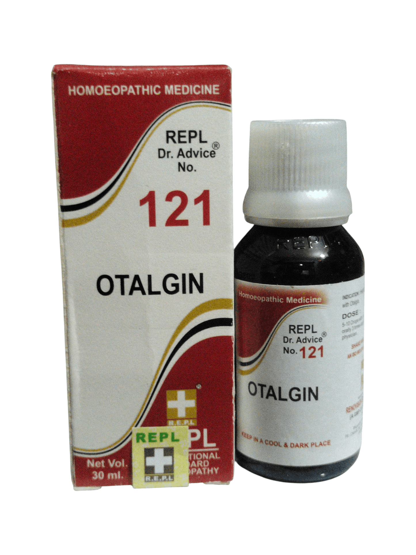 Otalgin bottle and packaging on a white background