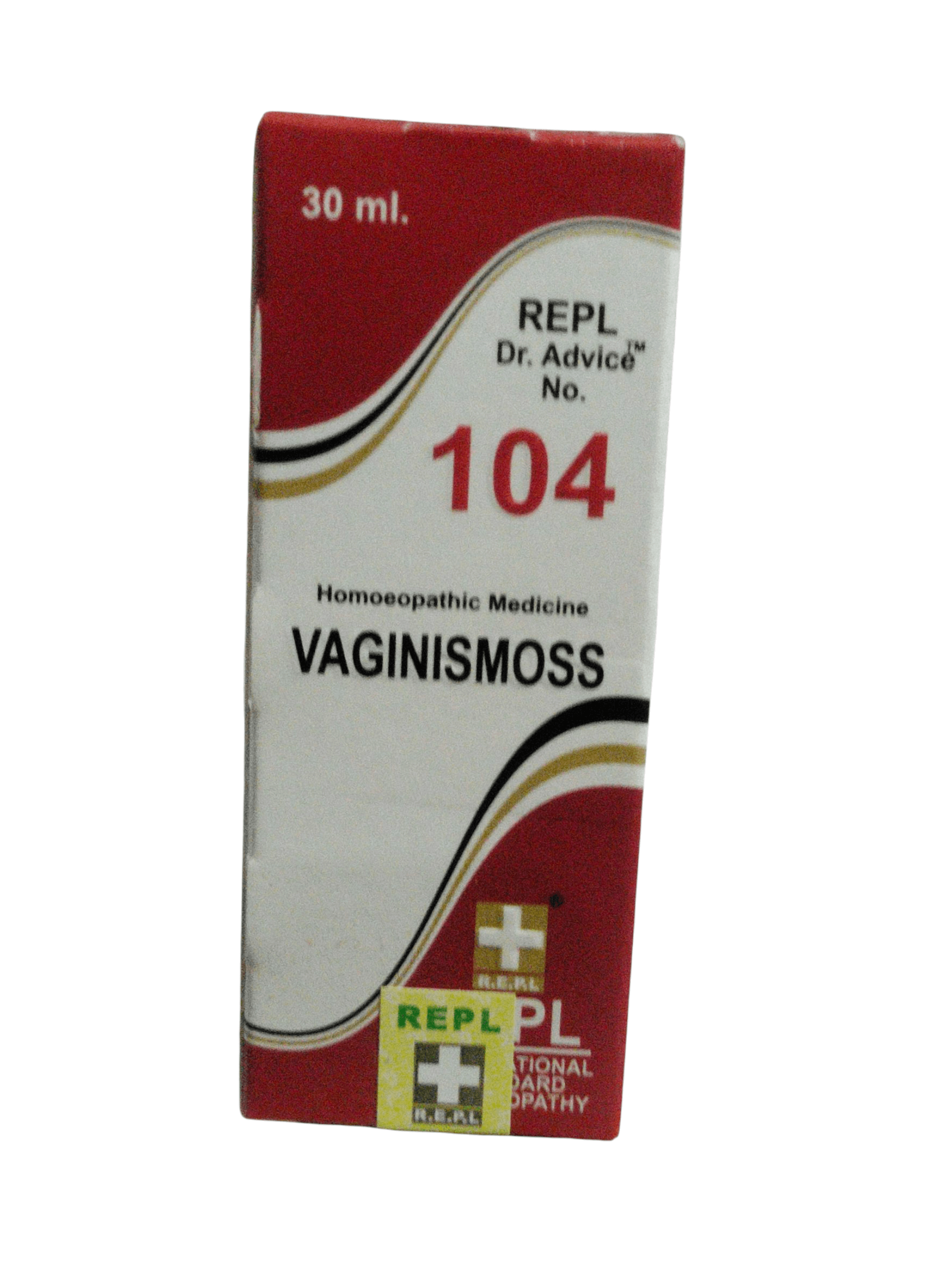 Vaginismoss homoeopathic medicine bottle with red and white label on a white background