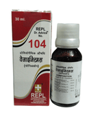 Bottle and box of REPL Dr. Advice No. 104 homoeopathic medicine on a white background
