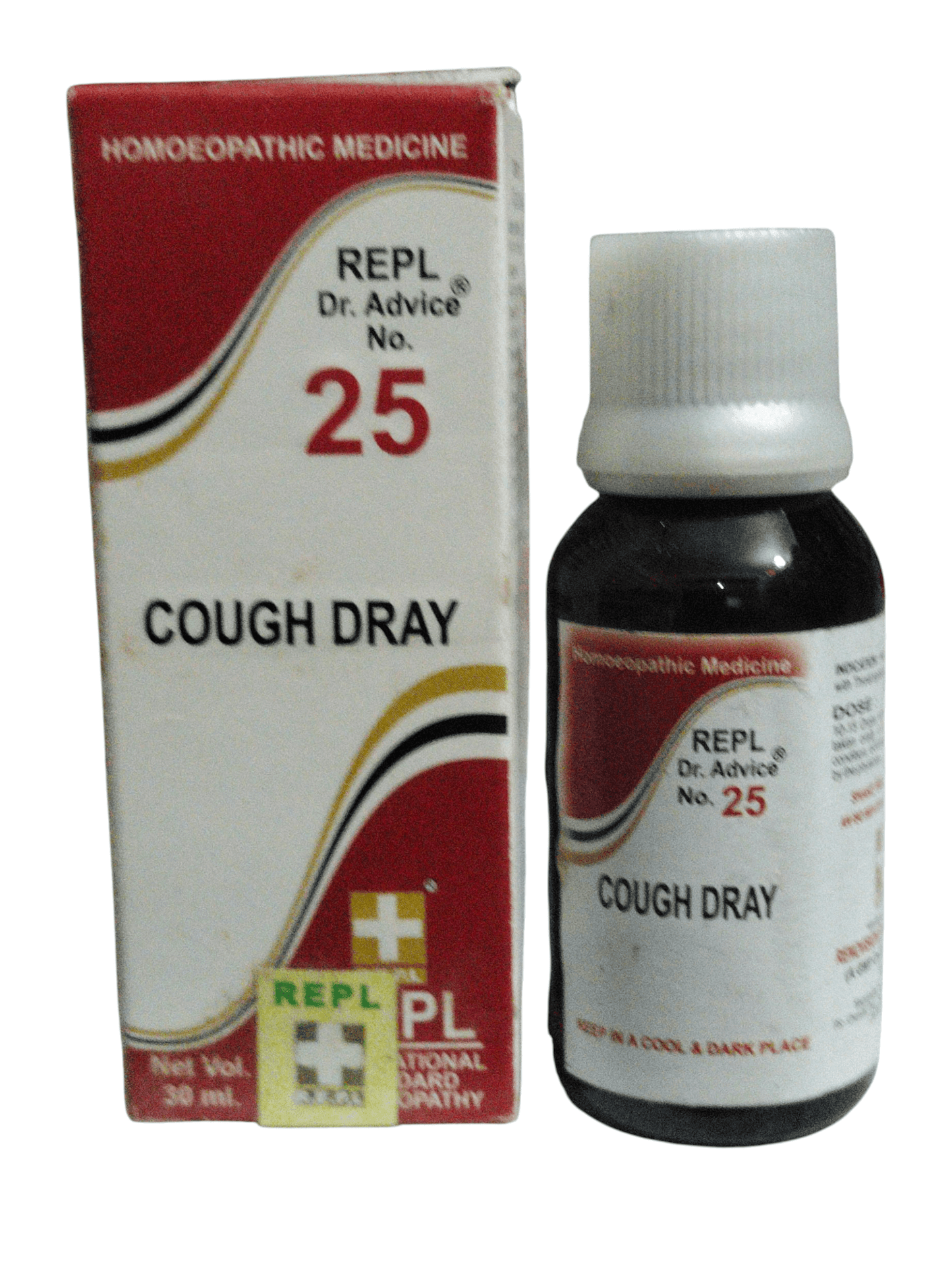 Cough syrup bottle and packaging with 'REPL Dr. Advice No. 25' branding on a white background