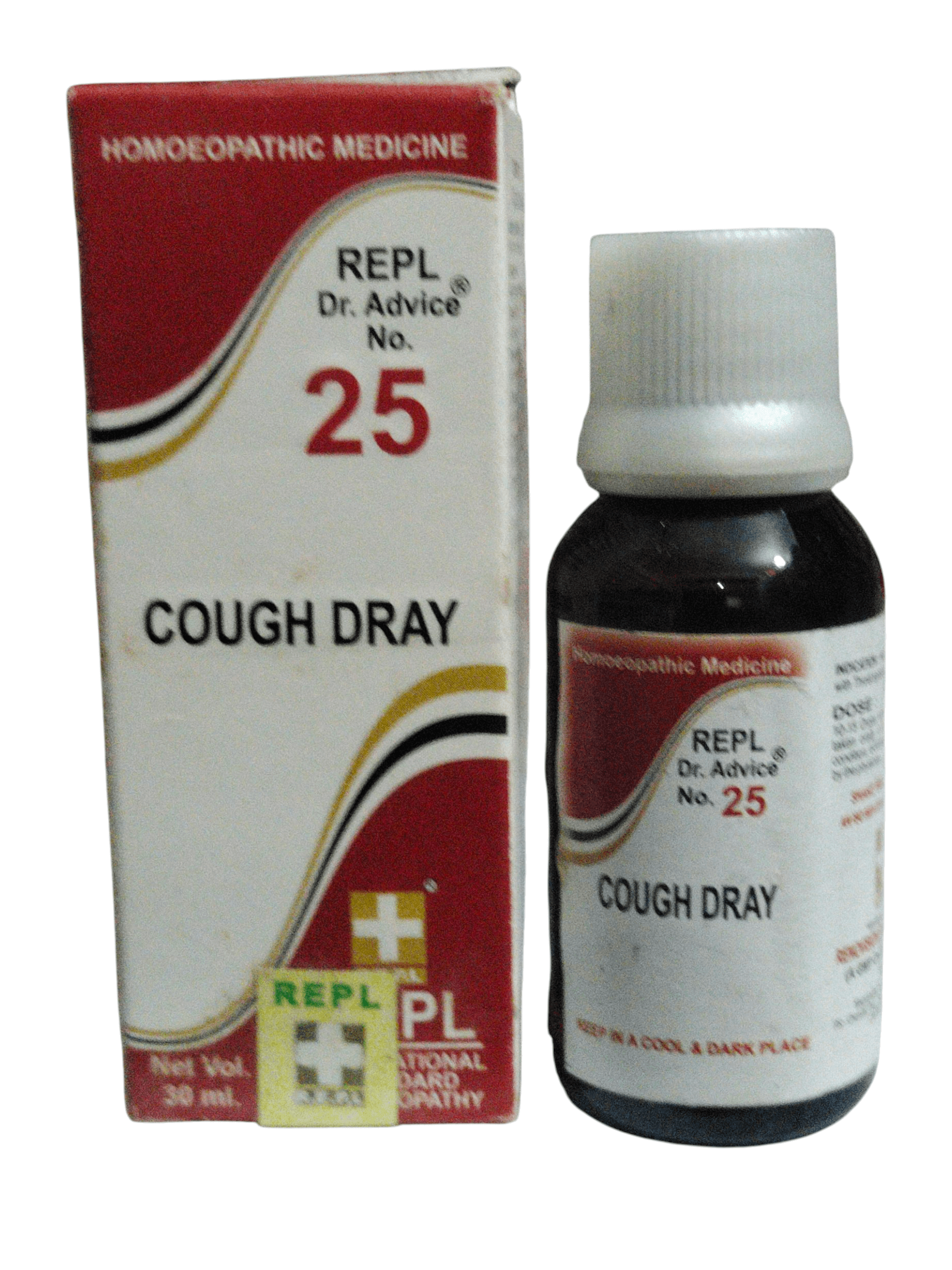 Cough syrup bottle and packaging with 'REPL Dr. Advice No. 25' branding on a white background