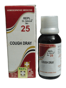 Cough syrup bottle and packaging with 'REPL Dr. Advice No. 25' branding on a white background