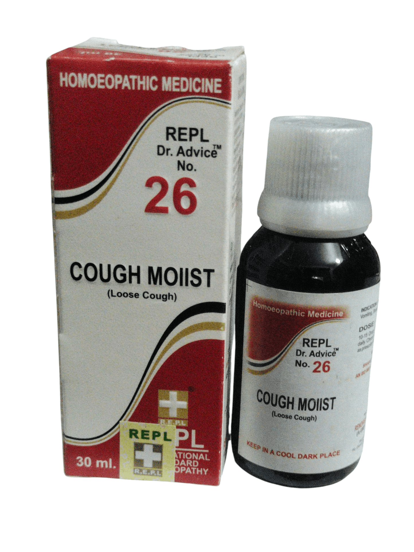 Homoeopathic medicine bottle and packaging with 'REPL Dr. Advice No. 26' on a white background