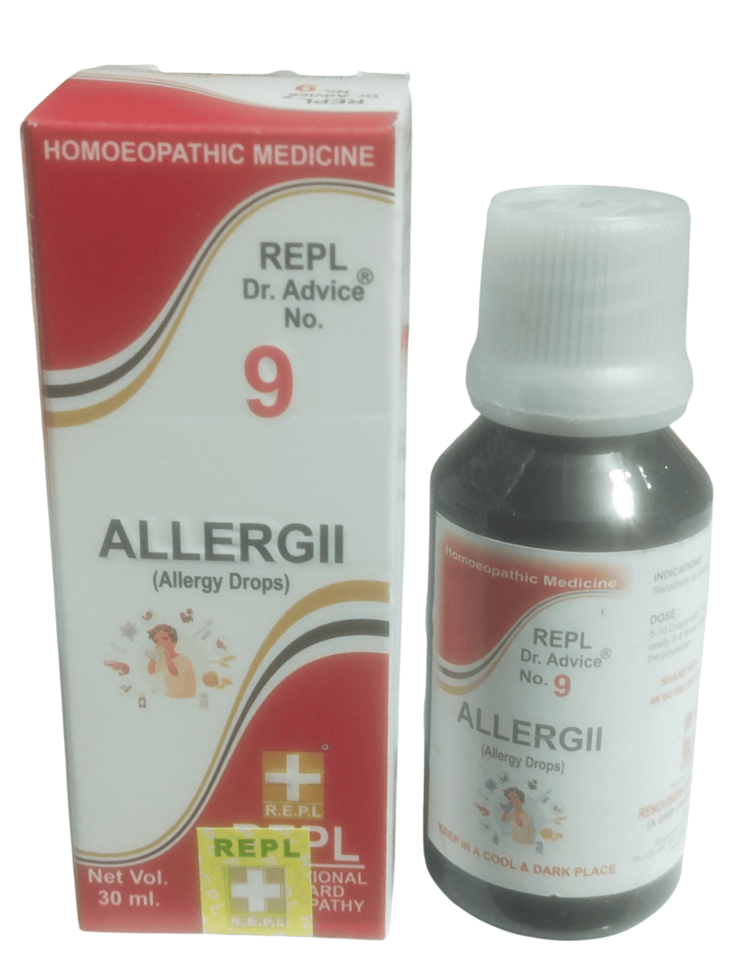 Homoeopathic medicine packaging and bottle labeled 'Allergii' on a white background