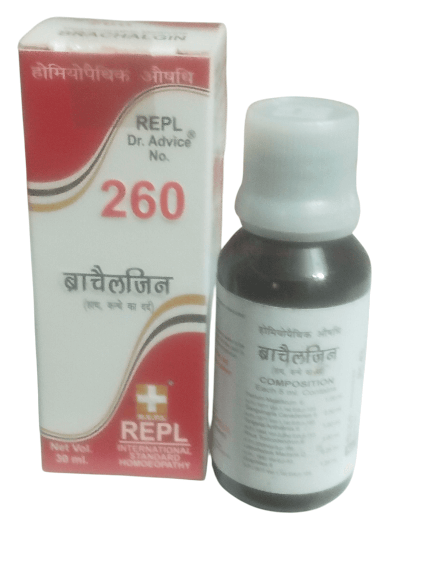 Bottle and box of a medical product with 'REPL' branding on a white background