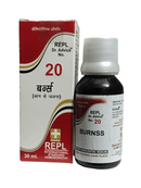 Bottle and box of REPL Burnss medicine on a white background