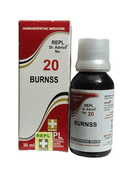 Bottle and box of REPL Dr. Advice No. 20 Burnss homeopathic medicine on a white background