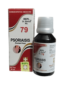Psoriasis treatment bottle and packaging with 'REPL' branding on a white background