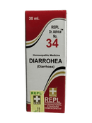 REPL Dr. Advice No. 34 box for homeopathic medicine to treat diarrhea on a white background