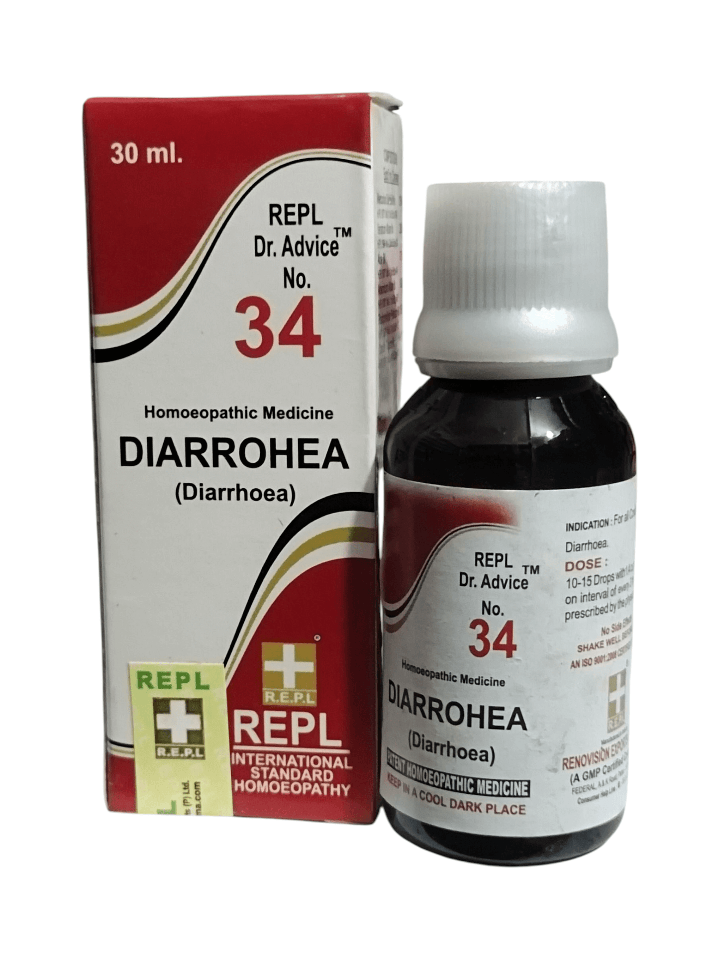 Homeopathic medicine bottle and packaging for Diarrohea with REPL branding.