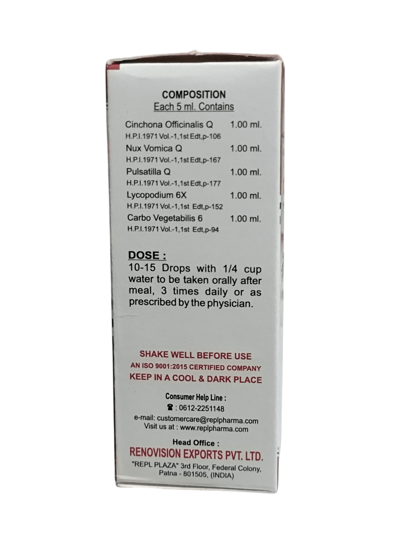 Box of Renovision Pharmaceuticals with medical composition and usage instructions on a white background