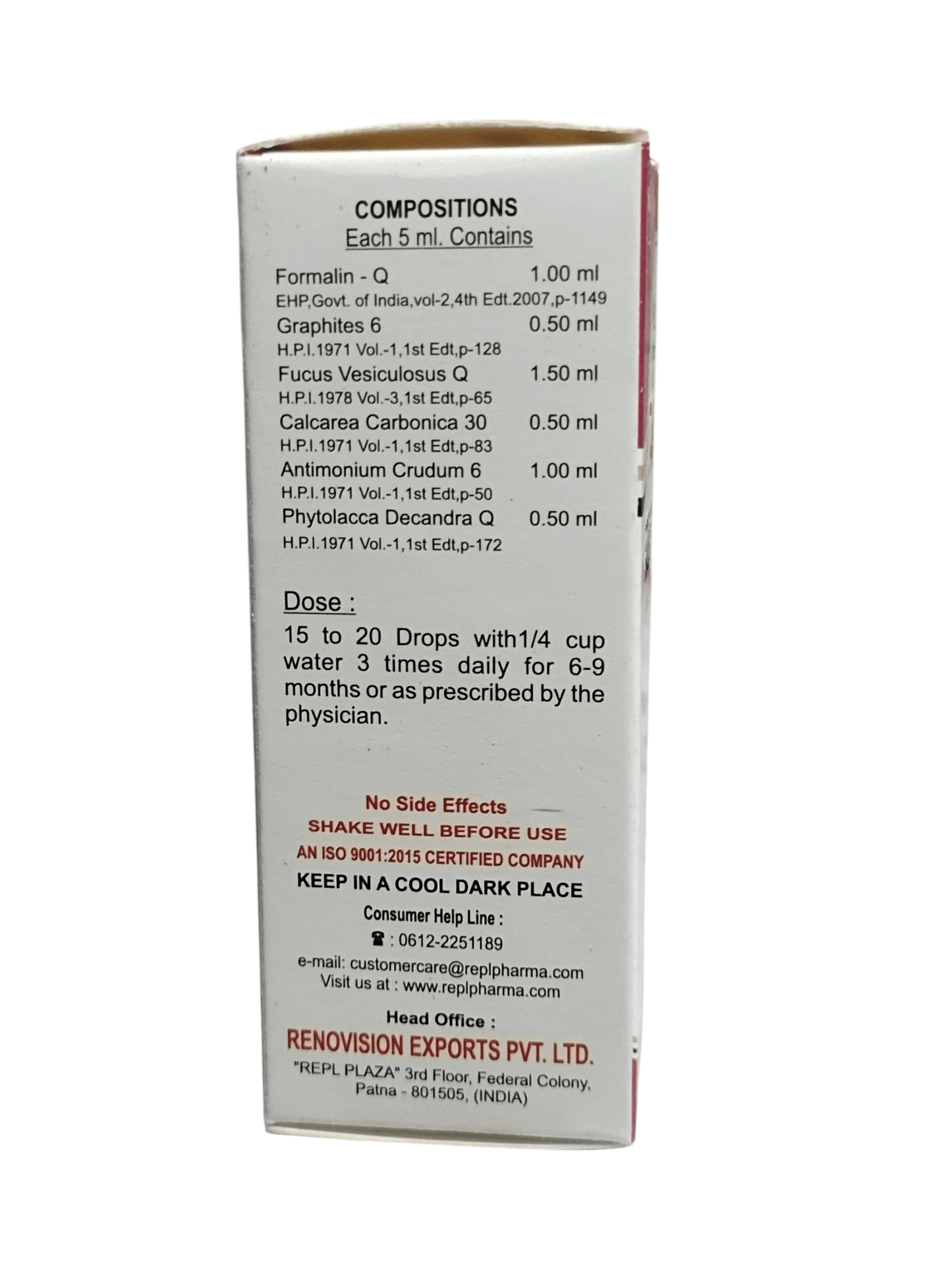 Box with medical composition details on a white background