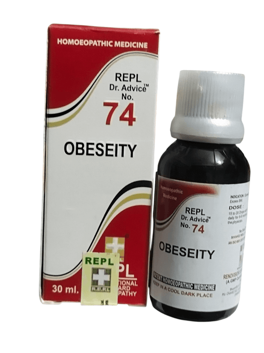 Homeopathic medicine bottle and packaging for obesity treatment on a white background