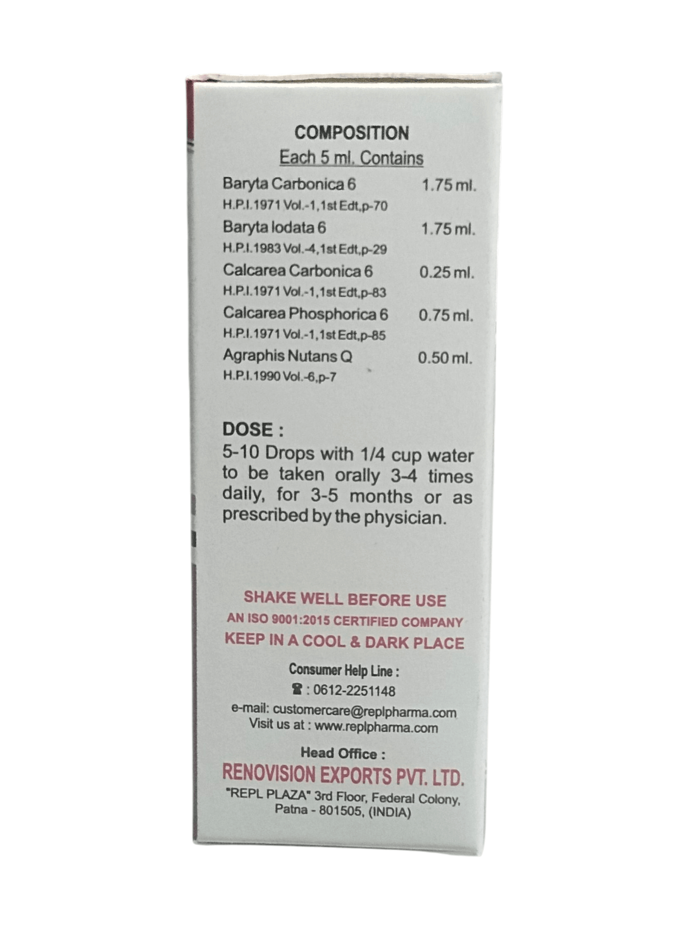 Medication bottle label with composition and usage instructions on a white background