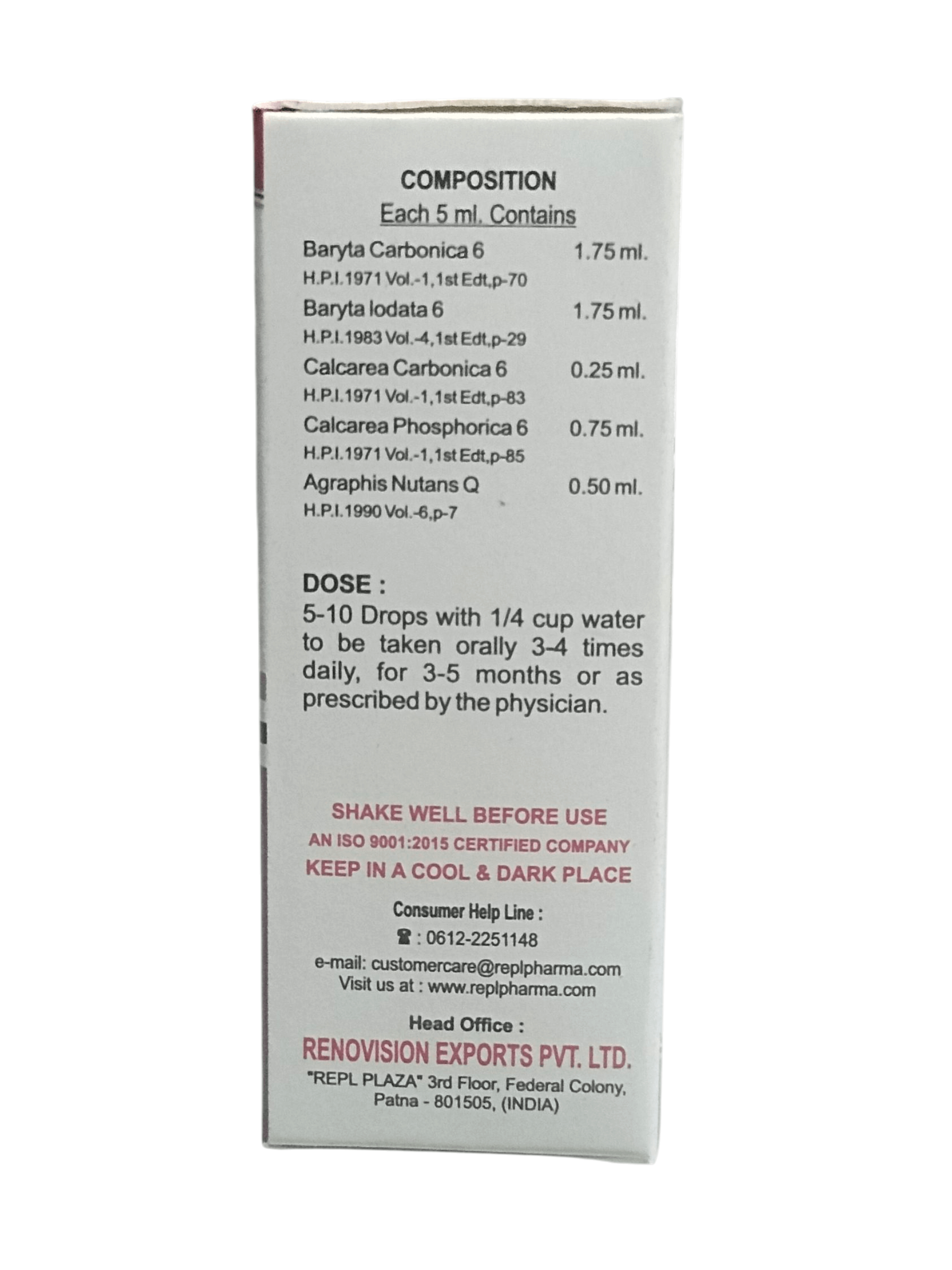 Medication bottle label with composition and usage instructions on a white background