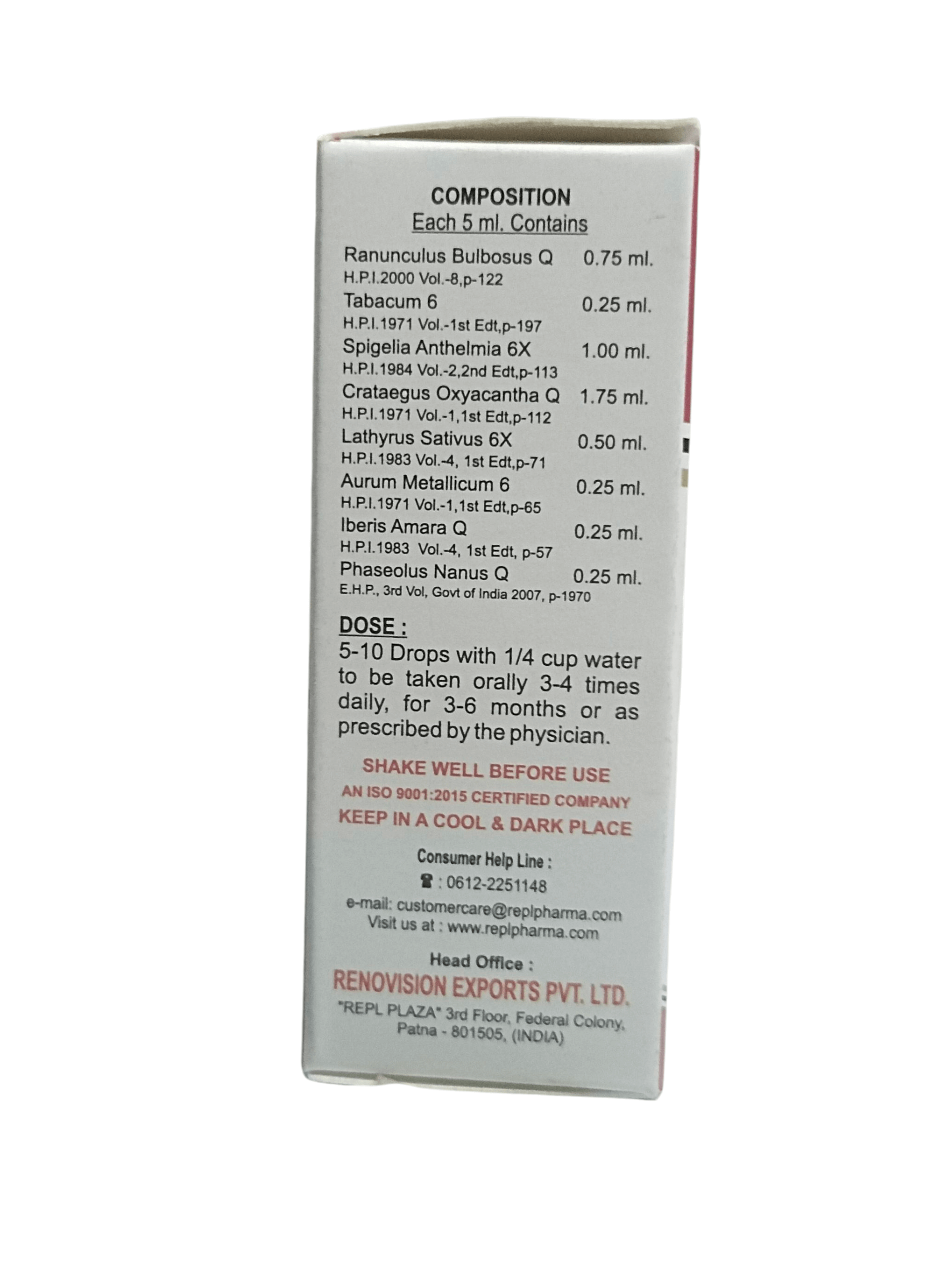 Box with medical composition details on a white background