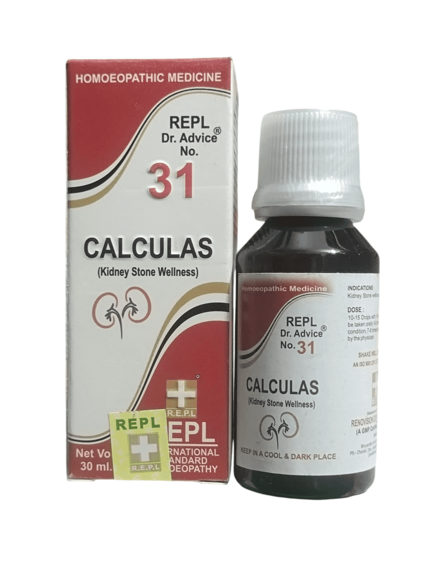 Homoeopathic medicine bottle and packaging for REPL Dr. Advice No. 31 Calculos.
