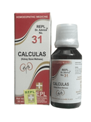 Homoeopathic medicine bottle and packaging for REPL Dr. Advice No. 31 Calculos.