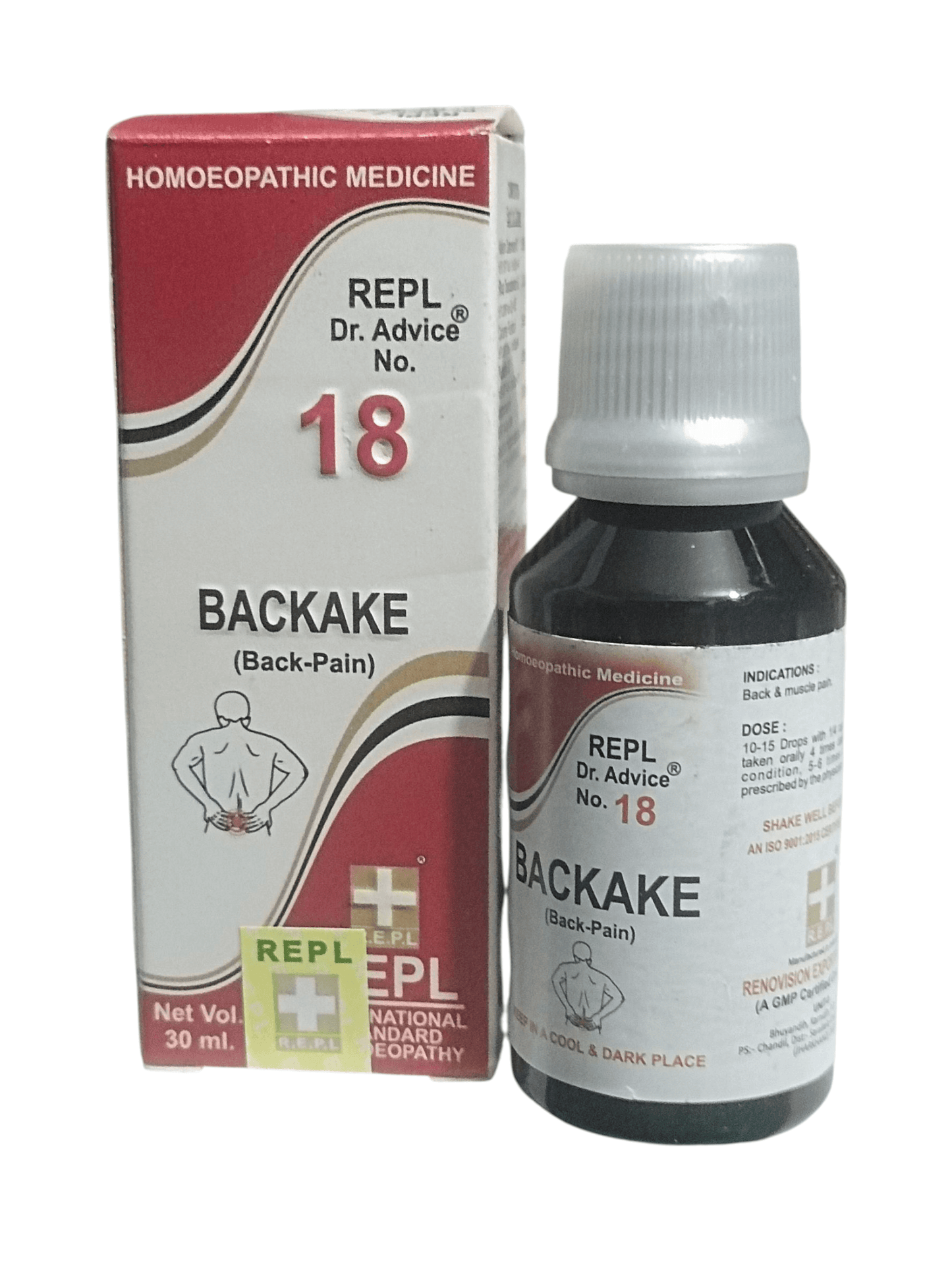 Homoeopathic medicine bottle and packaging for Backake on a white background