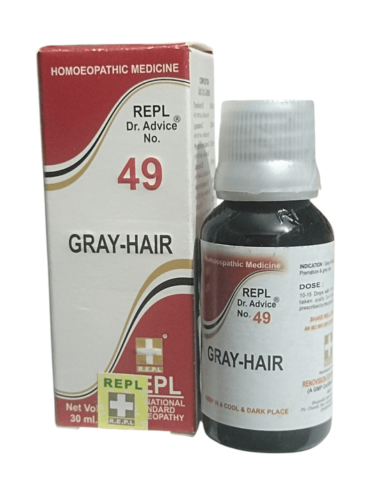 Homoeopathic medicine bottle and packaging for gray hair on a white background