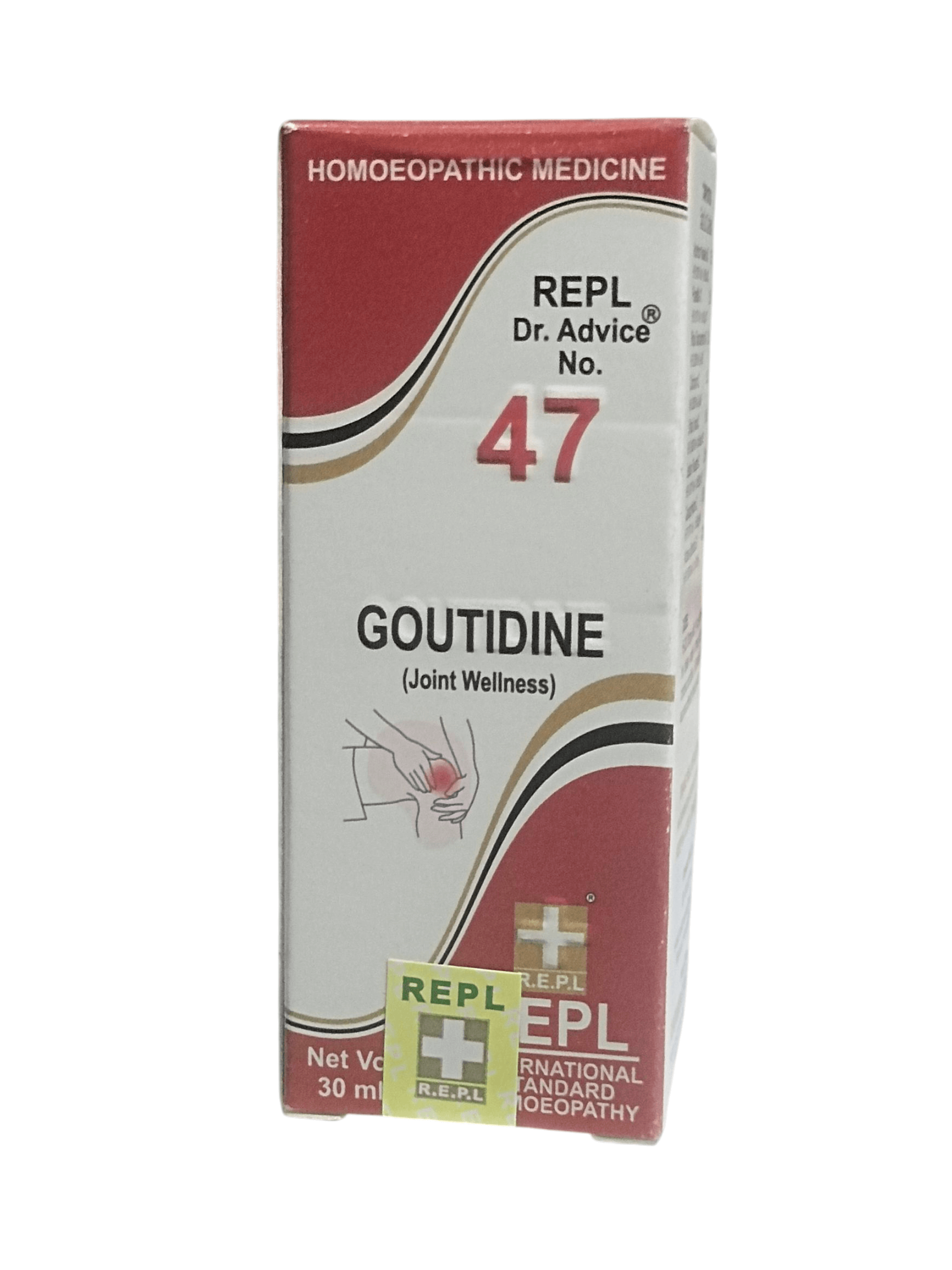 Box of Goutidine, a homoeopathic medicine for joint wellness, with red and white design.