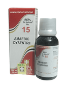 Homoeopathic medicine bottle and packaging for Amaebic Dysentri with REPL branding.