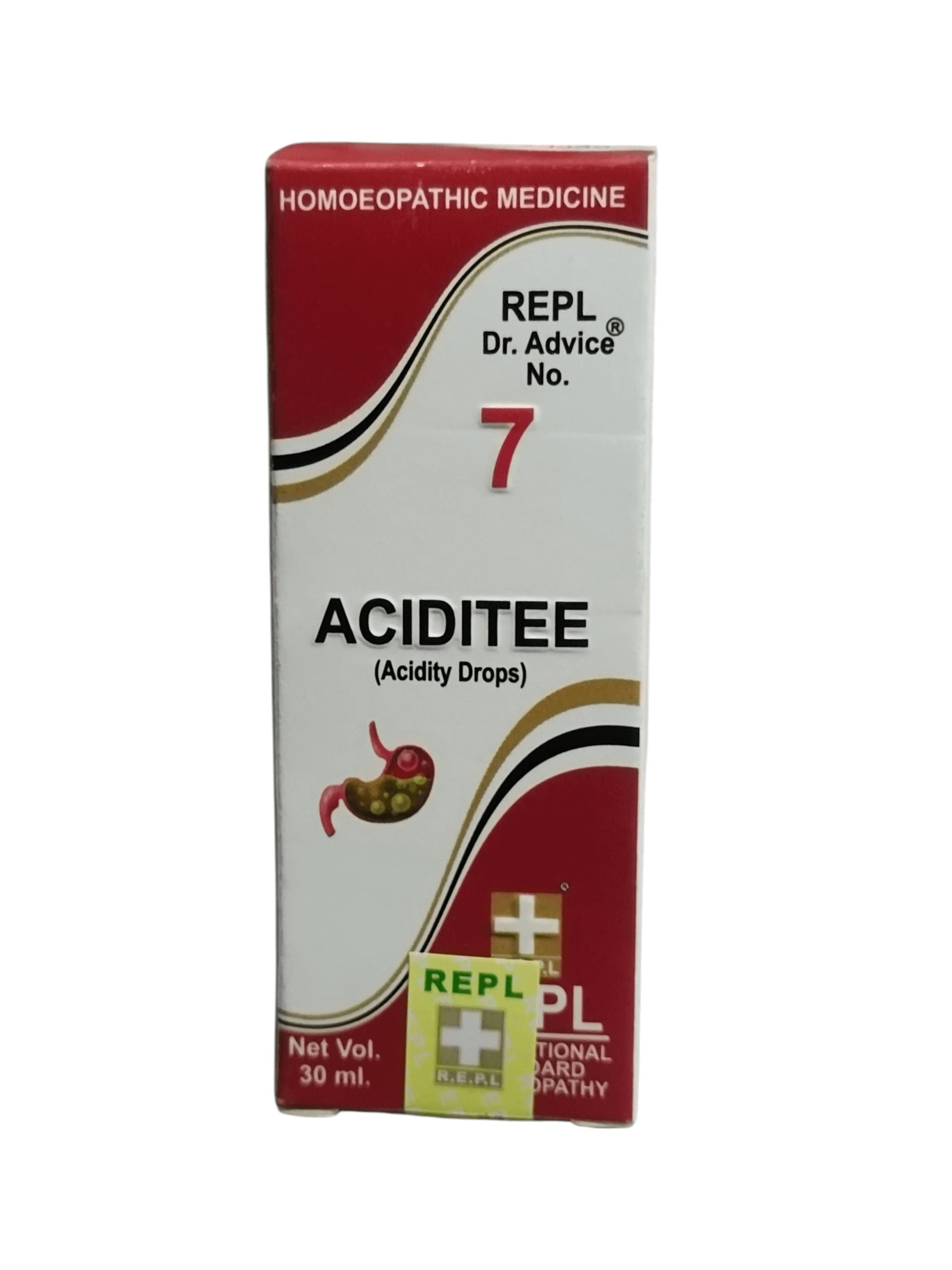 Box of REPL Aciditee homeopathic medicine on a white background
