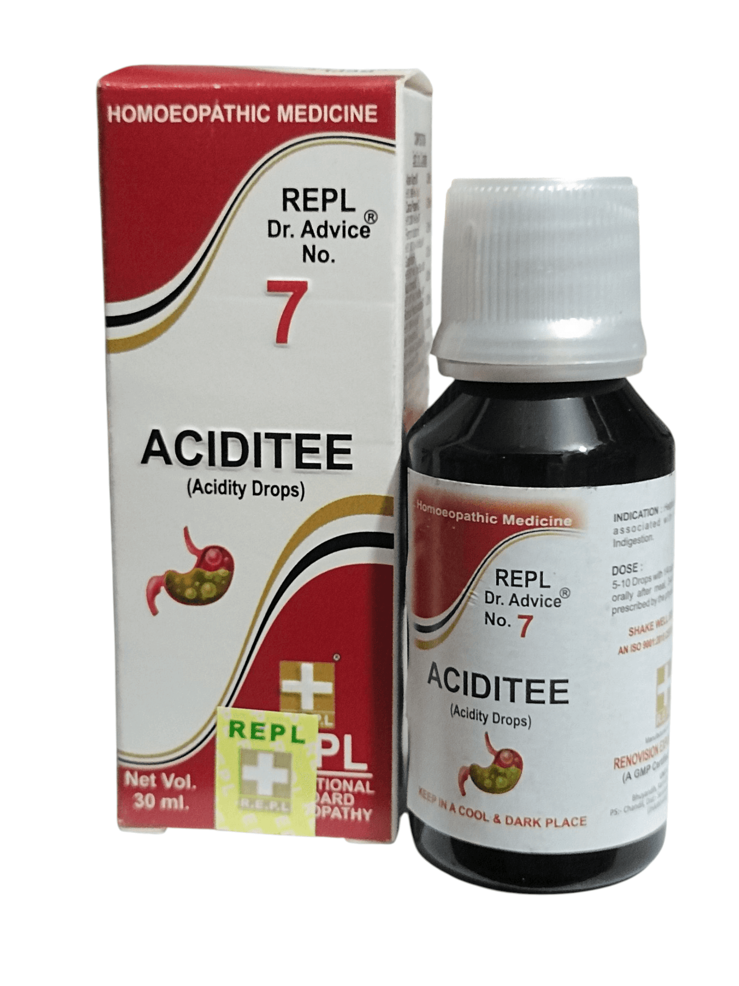 Bottle and box of Aciditee, a homeopathic medicine, on a white background