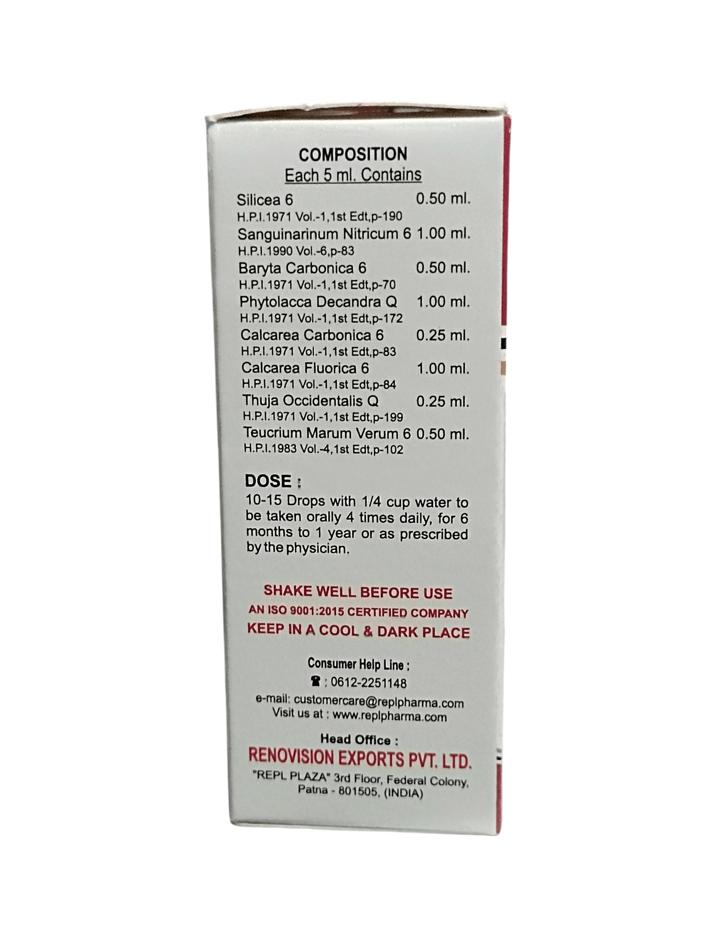 Medicinal product packaging with detailed composition and usage instructions on a white background