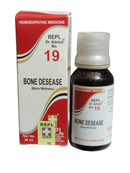 Homeopathic medicine bottle and packaging for Bone Desease on a white background