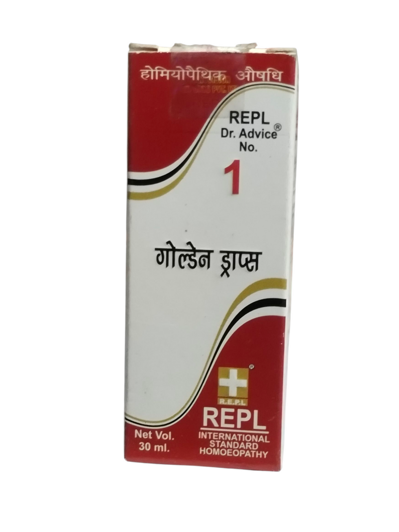 REPL DR. ADVICE NO. 1 GOLDEN DROPS HOMEOPATHIC MEDICINE 30ML packaging for vitality and stamina boost.
