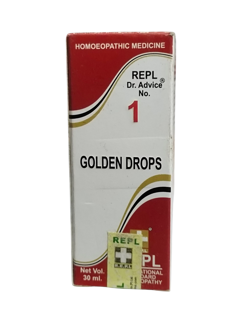 REPL DR. ADVICE NO. 1 GOLDEN DROPS HOMEOPATHIC MEDICINE 30ML packaging side view