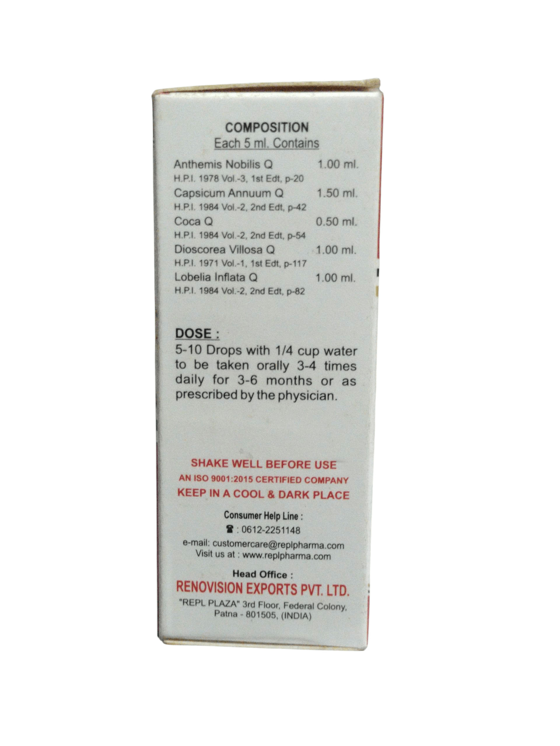 REPL DR. ADVICE NO. 1 GOLDEN DROPS HOMEOPATHIC MEDICINE 30ML product composition and dosage instructions.