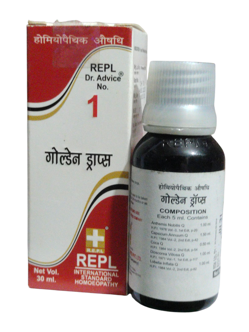 REPL DR. ADVICE NO. 1 GOLDEN DROPS HOMEOPATHIC MEDICINE 30ML bottle and packaging on display.
