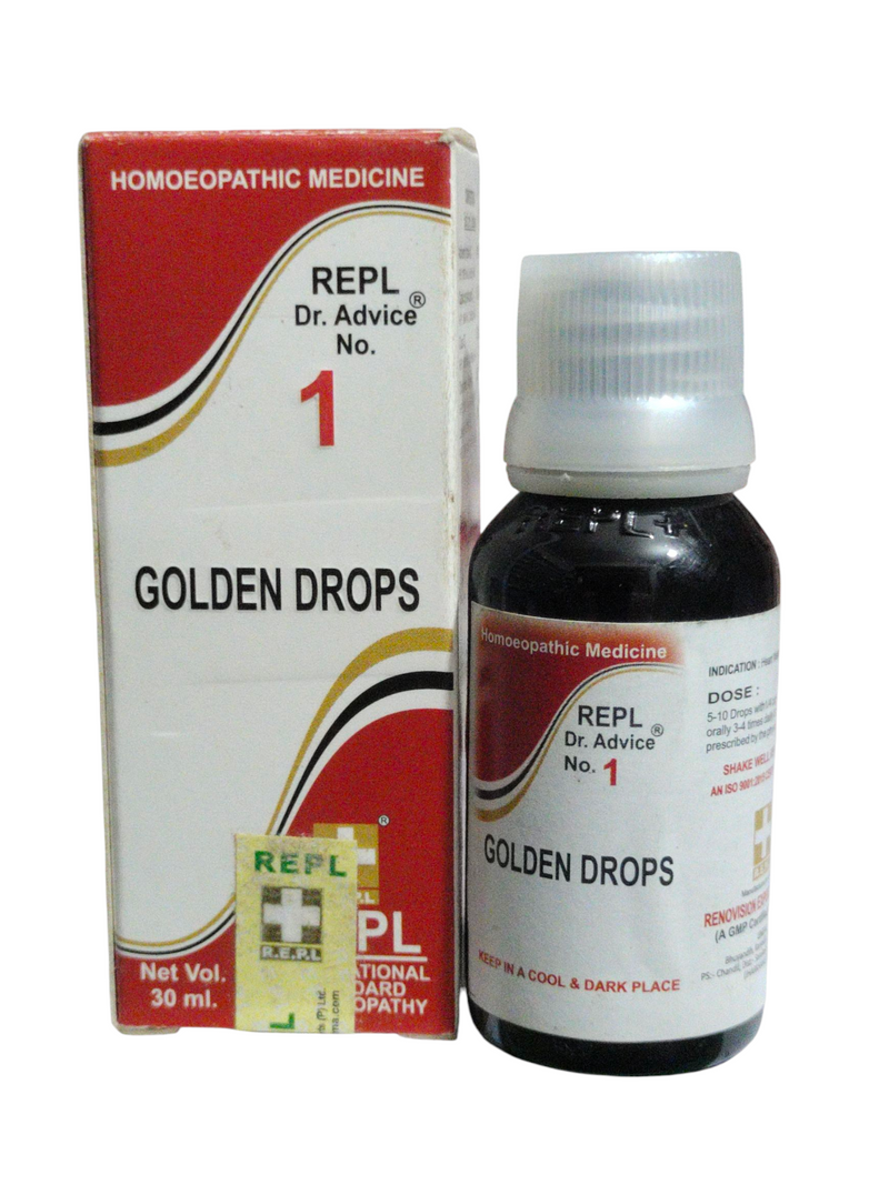 REPL DR. ADVICE NO. 1 GOLDEN DROPS HOMEOPATHIC MEDICINE 30ML in bottle with packaging
