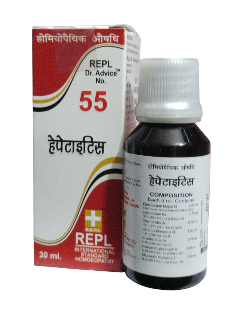 REPL DR ADVICE NO. 55 HEPATITES HOMEOPATHIC MEDICINE 30ML bottle and packaging on white background.