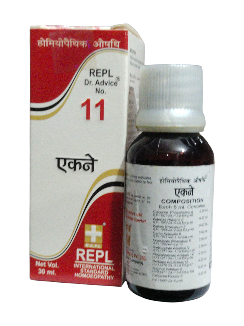 REPL DR. ADVICE NO. 11 ACNAE DROP HOMEOPATHIC MEDICINE 30ML in a bottle and box packaging.