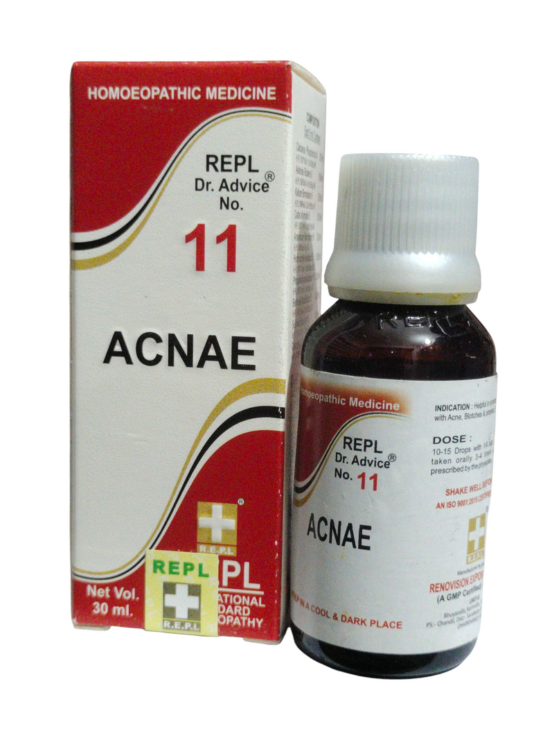 REPL DR. ADVICE NO. 11 ACNAE DROP HOMEOPATHIC MEDICINE 30ML bottle and packaging.
