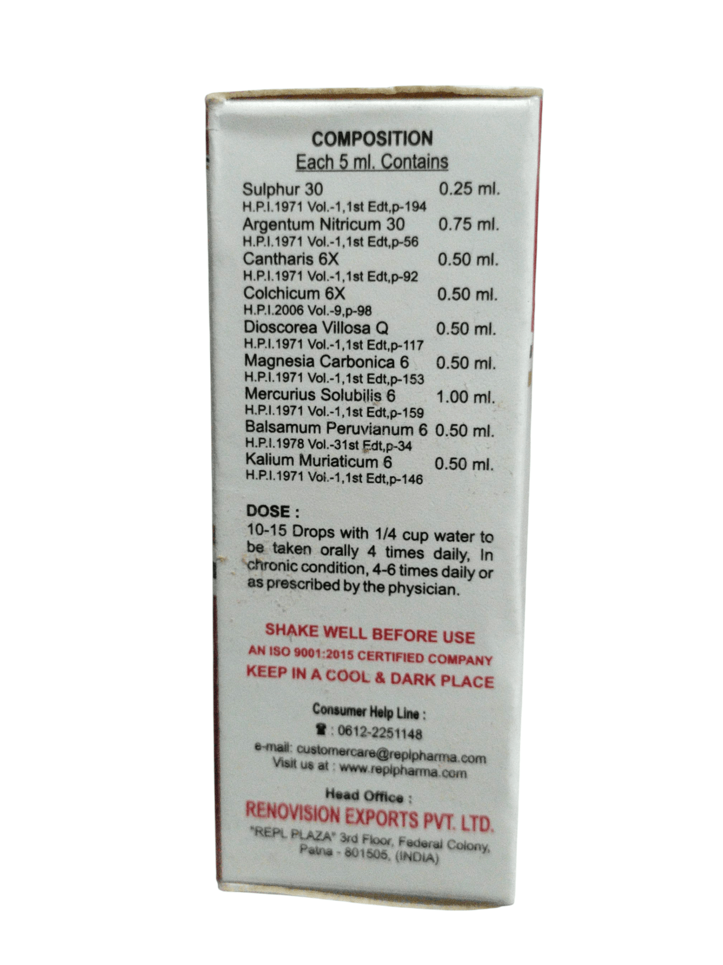 REPL DR. ADVICE NO. 28 COLITIIS DROP FOR MUCUS IN COLON HOMEOPATHIC MEDICINE 30ML ingredients list and dosage instructions.