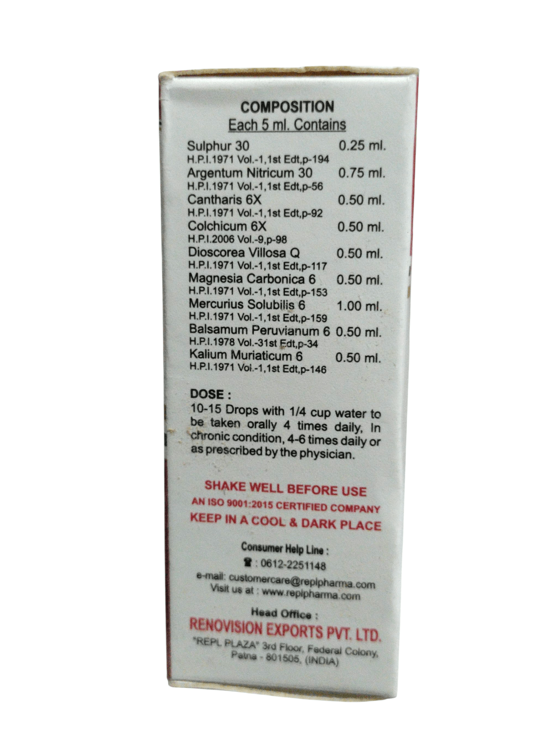 REPL DR. ADVICE NO. 28 COLITIIS DROP FOR MUCUS IN COLON HOMEOPATHIC MEDICINE 30ML ingredients list and dosage instructions.
