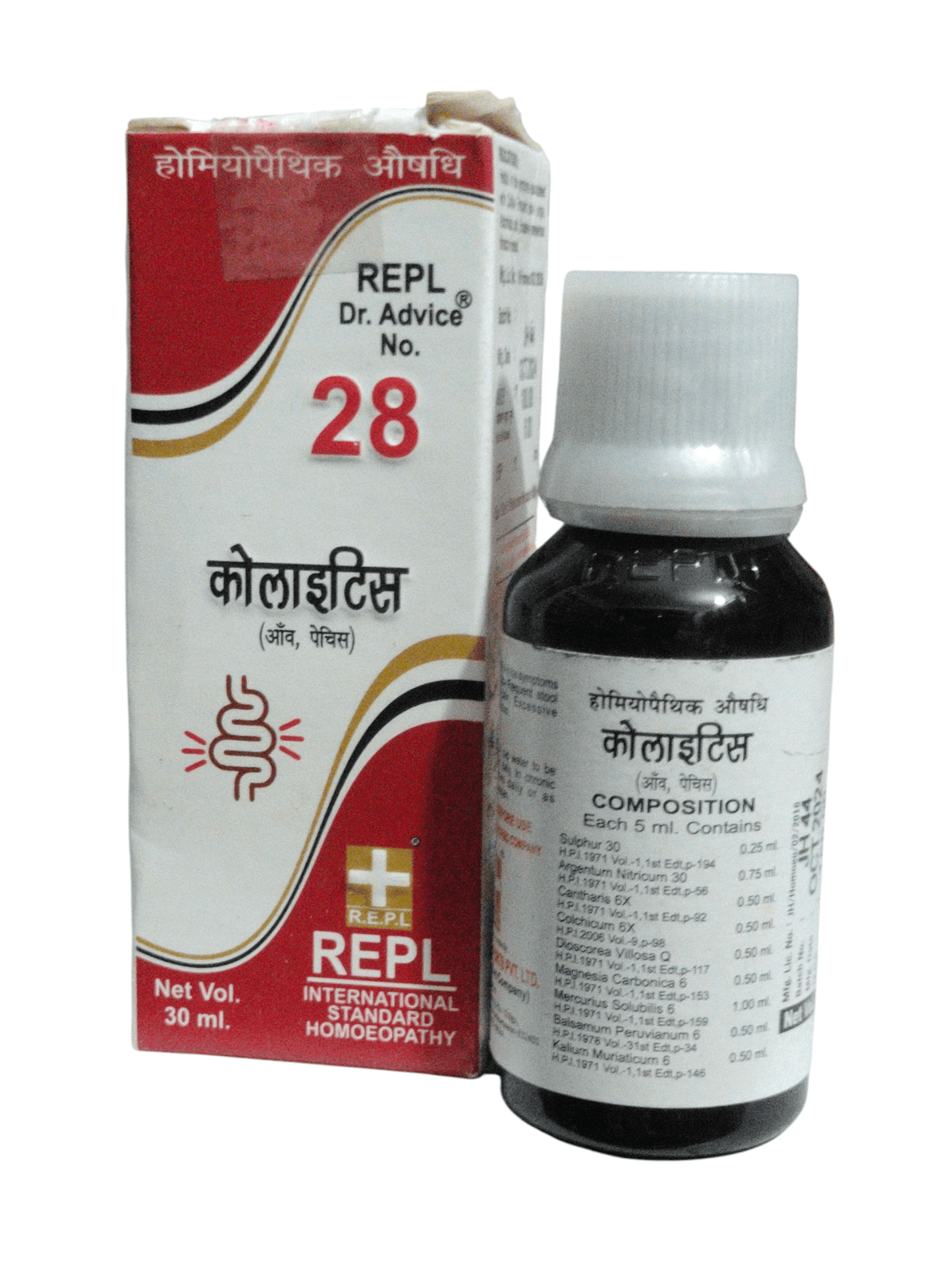 REPL DR. ADVICE NO. 28 COLITIIS DROP FOR MUCUS IN COLON HOMEOPATHIC MEDICINE 30ML with packaging and label